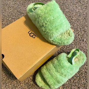 Mint Green Fluffy UGG Yeah Slides in US Size 8